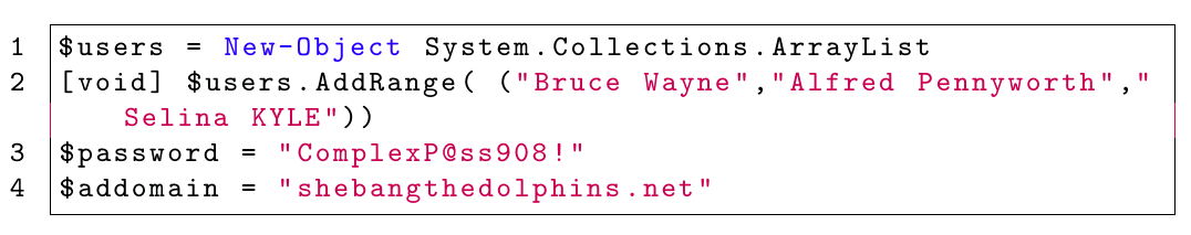 Example of syntax-highlighted PowerShell code in LaTeX displaying the creation of an array list with user information and domain settings