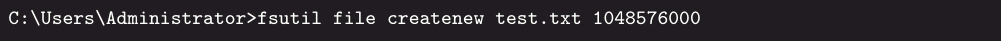 Example of a DOS command in LaTeX creating a test file using fsutil with a specified size