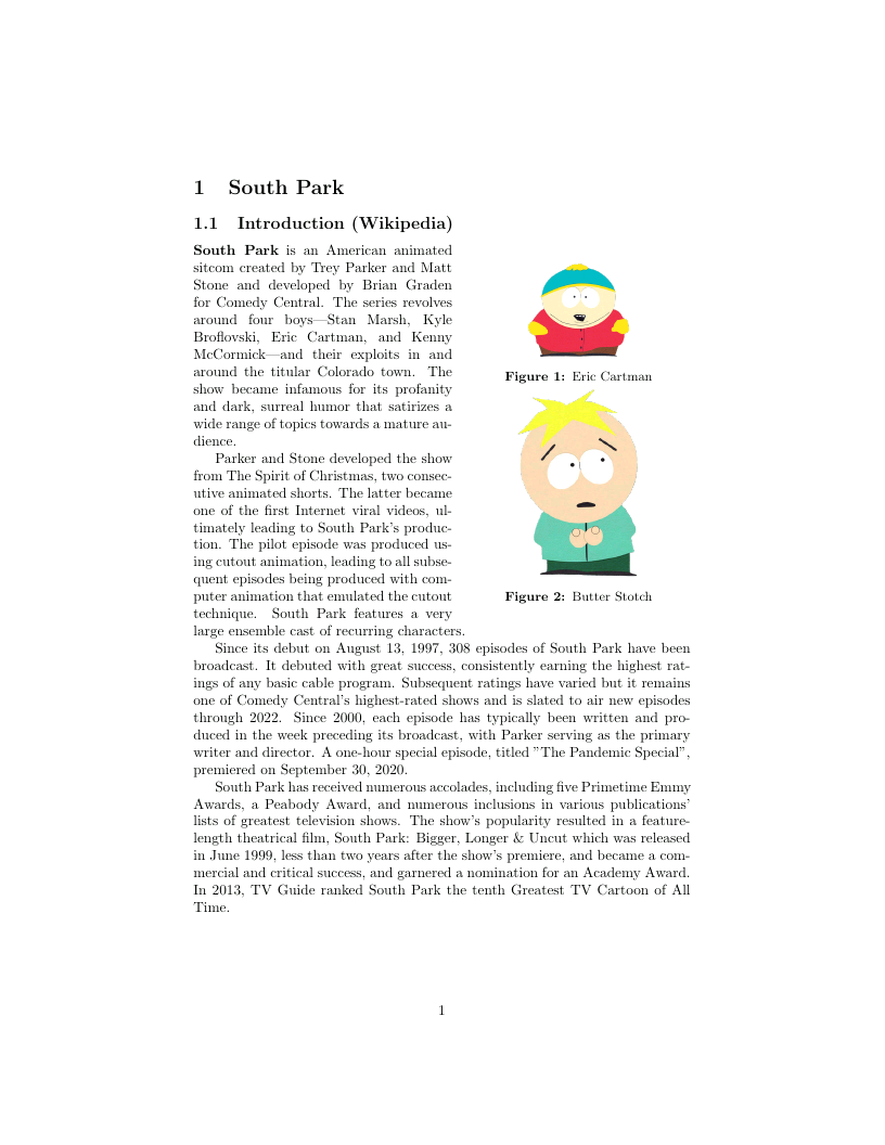 Example of a LaTeX document with a South Park introduction, including embedded images of Eric Cartman and Butter Stotch alongside descriptive text