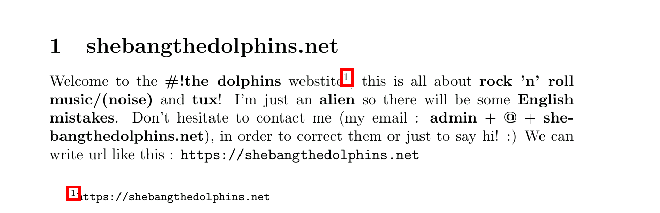 Example of a LaTeX document displaying a URL with a footnote and text introducing the shebangthedolphins.net website