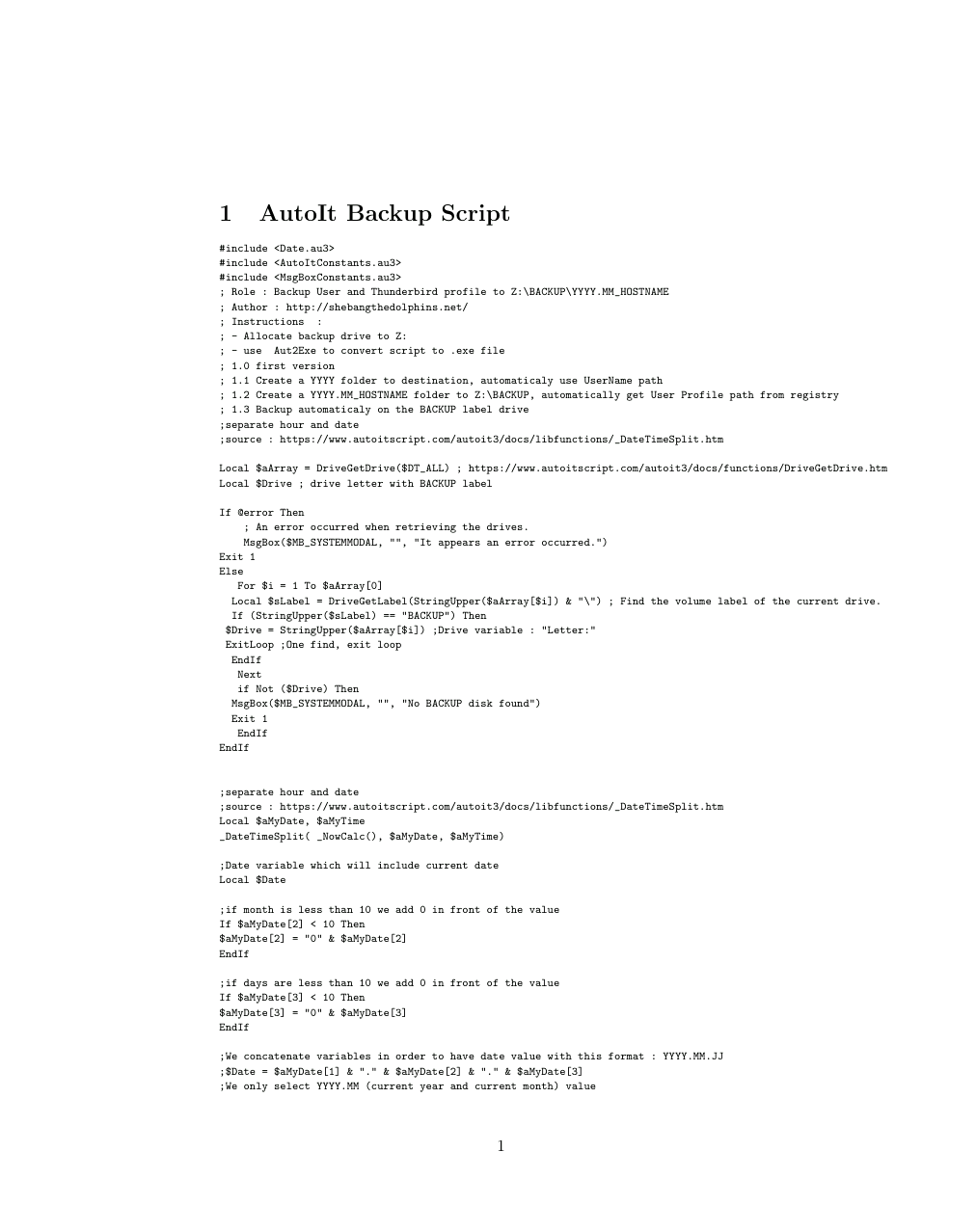 Example of a LaTeX document displaying an AutoIt backup script with comments, code, and instructions for automating backups