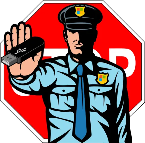 Illustration of a security officer stopping unauthorized USB device usage with a red stop sign in the background.