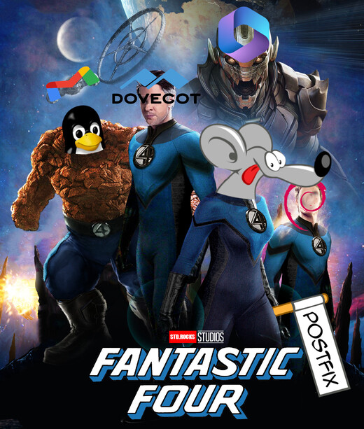 Illustration showing Linux, Postfix, and Dovecot as a superhero team, representing the Fantastic Four of mail servers