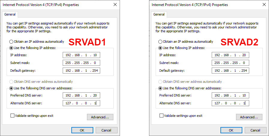 IPv4 properties window showing DNS configurations for two Active Directory servers, SRVAD1 and SRVAD2, with their respective IP addresses and preferred DNS servers.