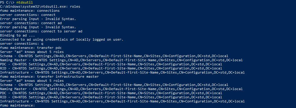 PowerShell output showing the use of the ntdsutil tool to connect to a server and transfer FSMO roles such as PDC and Infrastructure Master.