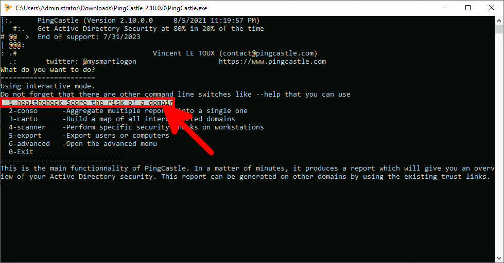 Ping Castle command-line interface highlighting the option to perform a healthcheck to score the risk of a domain in an Active Directory environment.