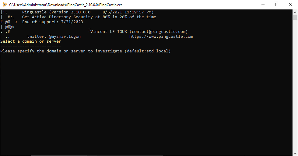 Ping Castle command-line interface prompting the user to select a domain or server for investigation, with a default domain of std.local.