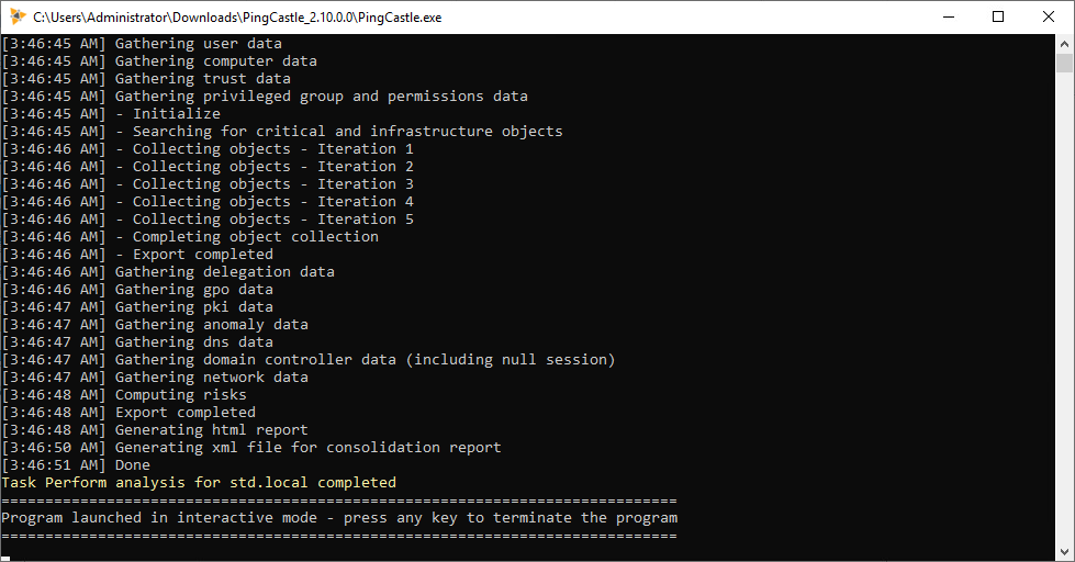 Ping Castle command-line interface showing the completion of a security analysis for the domain std.local, with steps such as gathering data and generating reports.