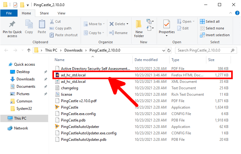 File explorer view showing the Ping Castle folder with the generated HTML report for the domain std.local highlighted, alongside other files like XML and PDF reports.