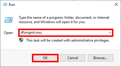 Screenshot of the Windows Run dialog box with dfsmgmt.msc command entered and the OK button highlighted.