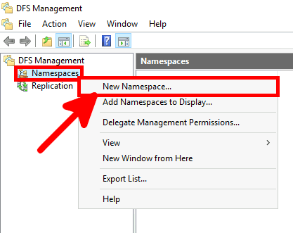 Screenshot of DFS Management with the Namespaces section selected and the 'New Namespace' option highlighted.