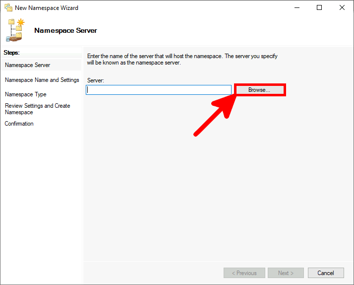 Screenshot of the New Namespace Wizard with an arrow pointing to the 'Browse' button for selecting the namespace server.