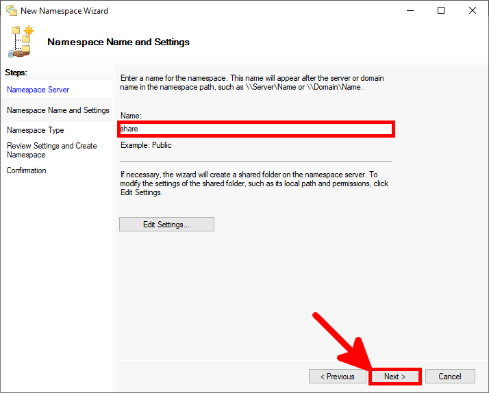 Screenshot of the New Namespace Wizard with 'share' entered as the namespace name and the 'Next' button highlighted.