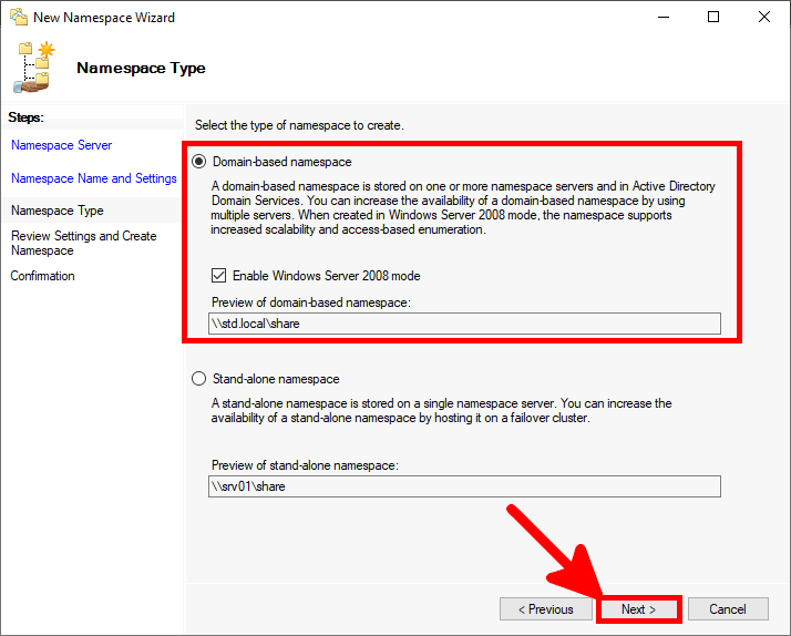 Screenshot of the New Namespace Wizard with 'Domain-based namespace' selected and the 'Next' button highlighted.