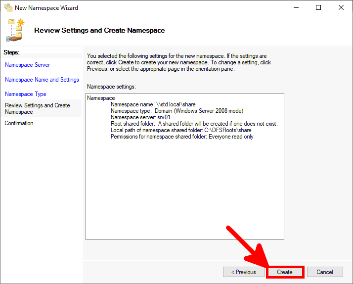 Screenshot of the New Namespace Wizard showing the review settings and the 'Create' button highlighted to finalize the namespace creation.