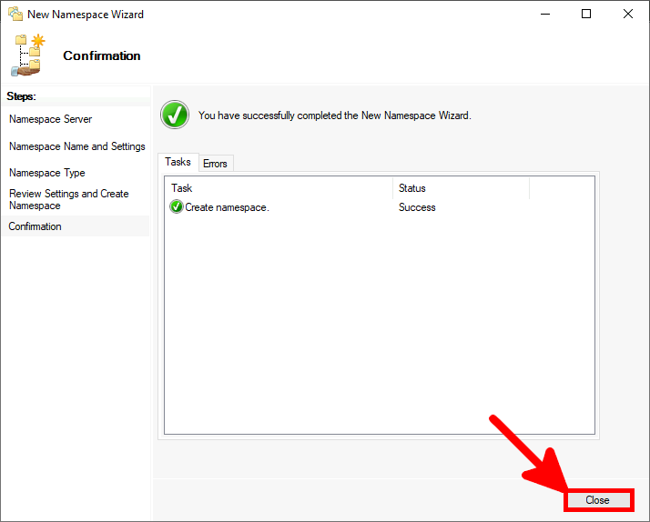 Screenshot of the New Namespace Wizard showing the confirmation page with the 'Close' button highlighted after successful namespace creation.