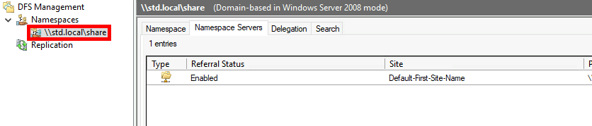Screenshot of DFS Management showing the configured namespace \\std.local\share with referral status enabled.