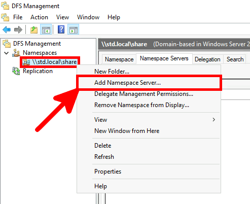 Screenshot of DFS Management with the context menu open and the 'Add Namespace Server' option highlighted for the namespace \\std.local\share.