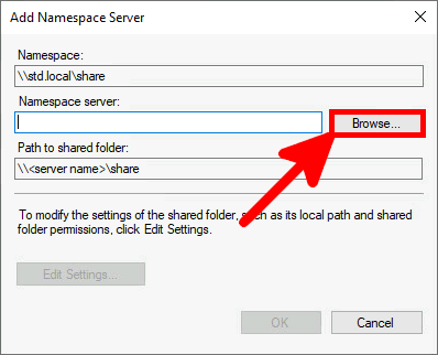 Screenshot of the Add Namespace Server dialog box with an arrow pointing to the 'Browse' button for selecting a namespace server.