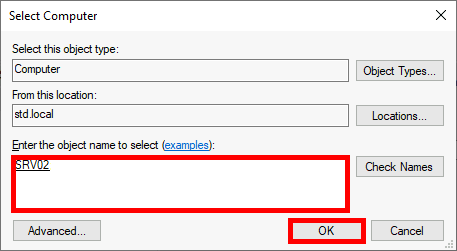 Screenshot of the Select Computer dialog box with 'SRV02' entered and the OK button highlighted.