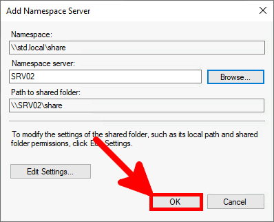 Screenshot of the Add Namespace Server dialog box with 'SRV02' entered as the namespace server and the OK button highlighted.