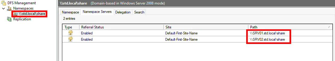 Screenshot of DFS Management showing the namespace \\std.local\share with both SRV01 and SRV02 paths listed and referral status enabled.