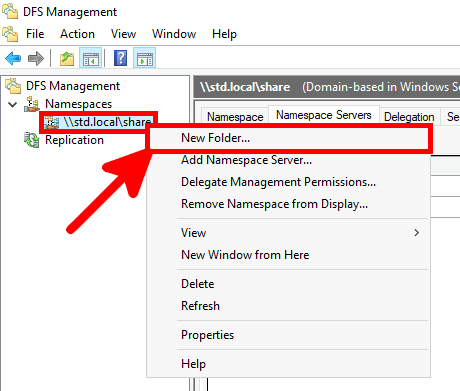 Screenshot of DFS Management with the context menu open and the 'New Folder' option highlighted for the namespace \\std.local\share.