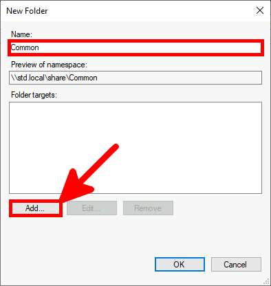Screenshot of the New Folder dialog box in DFS Management with 'Common' entered as the folder name and the 'Add' button highlighted.