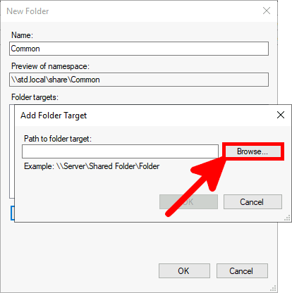 Screenshot of the Add Folder Target dialog box with an arrow pointing to the 'Browse' button to select the path to the folder target.