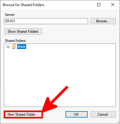 Screenshot of the Browse for Shared Folders dialog box with an arrow pointing to the 'New Shared Folder' button.