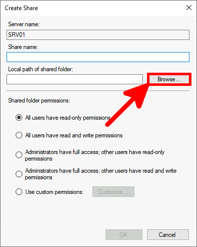 Screenshot of the Create Share dialog box with an arrow pointing to the 'Browse' button for selecting the local path of the shared folder.