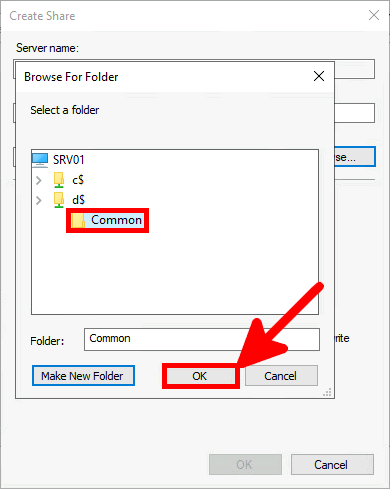 Screenshot of the Browse For Folder dialog box with 'Common' selected and the OK button highlighted.