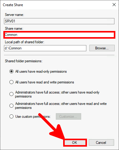 Screenshot of the Create Share dialog box with 'Common' entered as the share name and the OK button highlighted.
