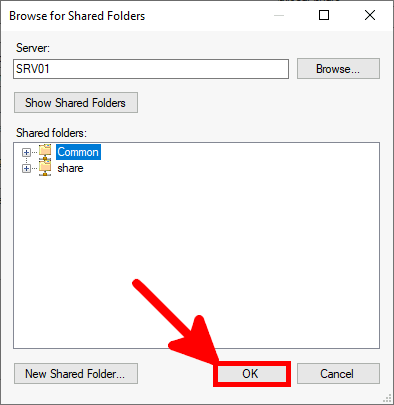 Screenshot of the Browse for Shared Folders dialog box with 'Common' selected and the OK button highlighted.