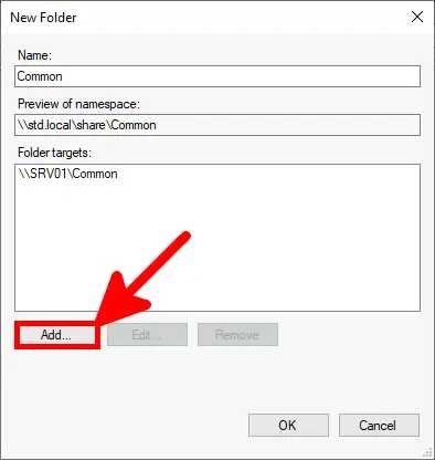 Screenshot of the New Folder dialog box in DFS Management with the folder target '\\SRV01\Common' listed and the Add button highlighted.