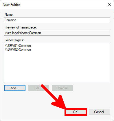 Screenshot of the New Folder dialog box in DFS Management with folder targets '\\SRV01\Common' and '\\SRV02\Common' listed and the OK button highlighted.