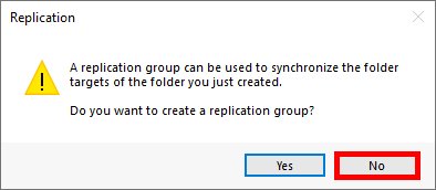 Screenshot of a prompt asking if you want to create a replication group, with the No button highlighted.