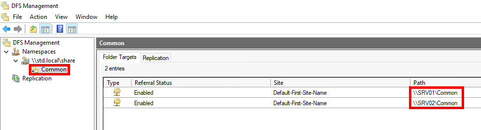 Screenshot of DFS Management showing the Common folder with folder targets \\SRV01\Common and \\SRV02\Common, both with referral status enabled.