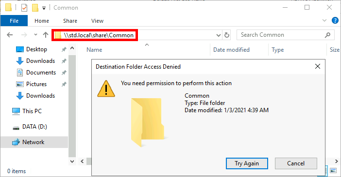 Screenshot of the file explorer showing an access denied message when trying to open the \\std.local\share\Common folder.