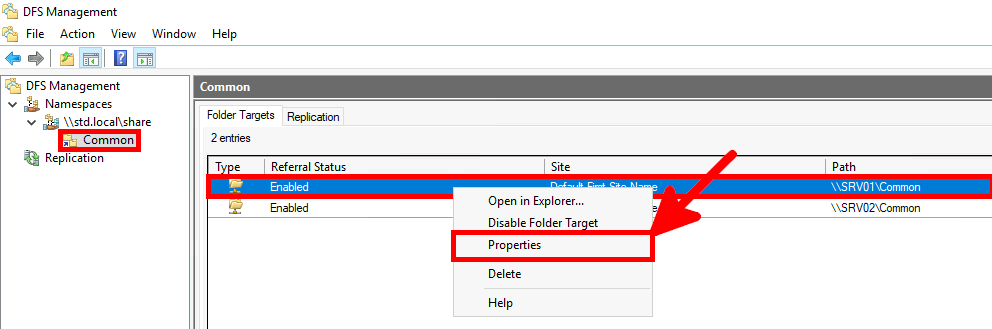 Screenshot of DFS Management showing the context menu for the folder target \\SRV01\Common with the Properties option highlighted.