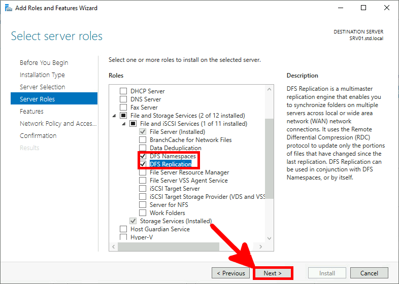 Screenshot of the Add Roles and Features Wizard with 'DFS Namespaces' and 'DFS Replication' selected under Server Roles and the 'Next' button highlighted.