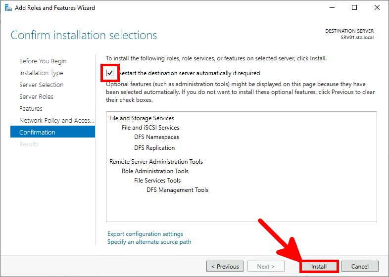 Screenshot of the Add Roles and Features Wizard with the 'Restart the destination server automatically if required' checkbox selected and the 'Install' button highlighted on the Confirmation page.