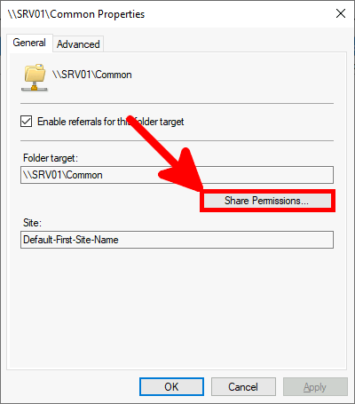 Screenshot of the Properties dialog box for \\SRV01\Common with an arrow pointing to the Share Permissions button.