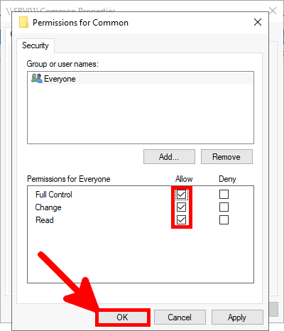 Screenshot of the Permissions for Common dialog box with 'Change' permission checked for Everyone and the OK button highlighted.