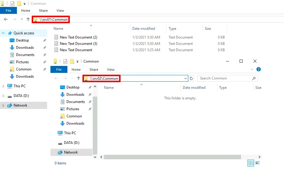 Screenshot showing file explorer windows for \\srv01\Common with text documents and \\srv02\Common which is currently empty, highlighting the need for synchronization.