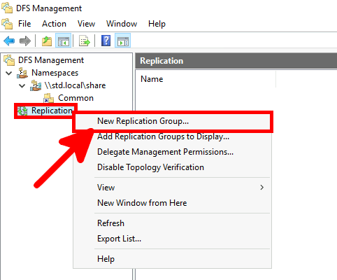 Screenshot of DFS Management with an arrow highlighting the option to create a New Replication Group.