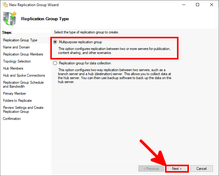 Screenshot of the New Replication Group Wizard showing the selection of the Multipurpose replication group option.