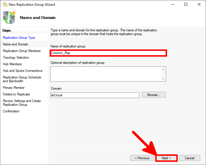 Screenshot of the New Replication Group Wizard showing the setup of the name and domain for the replication group named Common_Rep.