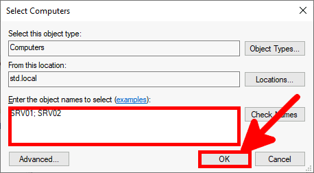 Screenshot of the Select Computers window where SRV01 and SRV02 are chosen as objects, with an OK button highlighted for confirmation.