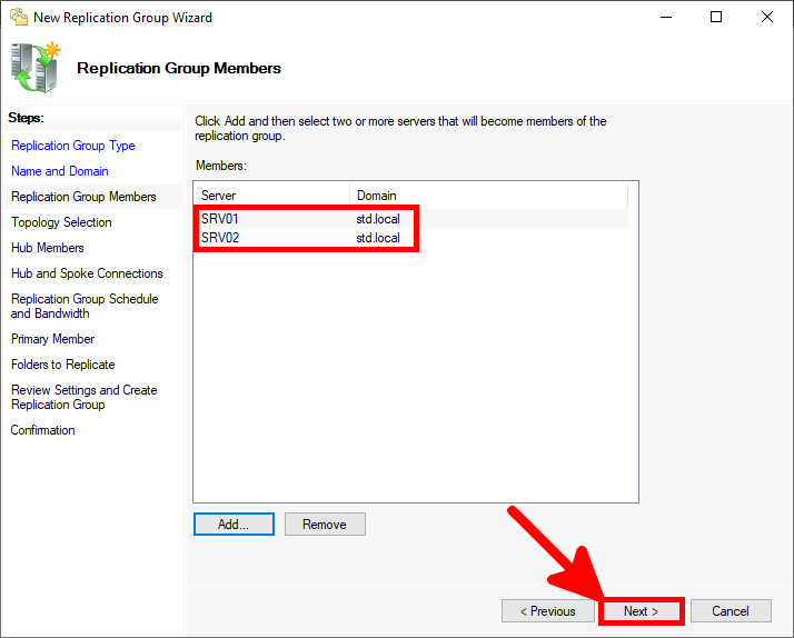 Screenshot of the New Replication Group Wizard showing SRV01 and SRV02 added as members with the Next button highlighted.